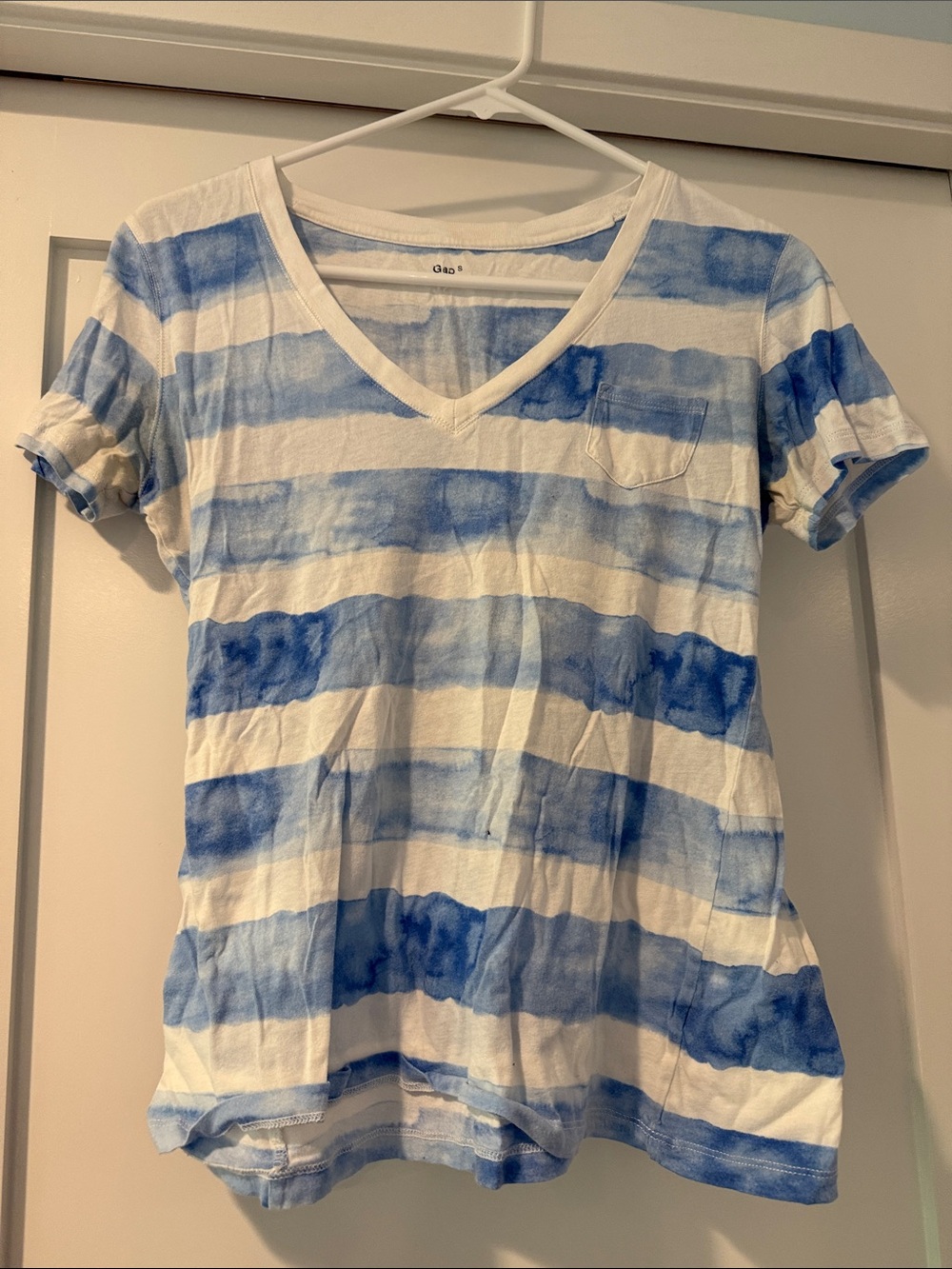 GAP Blue and White Striped V-Neck Tee